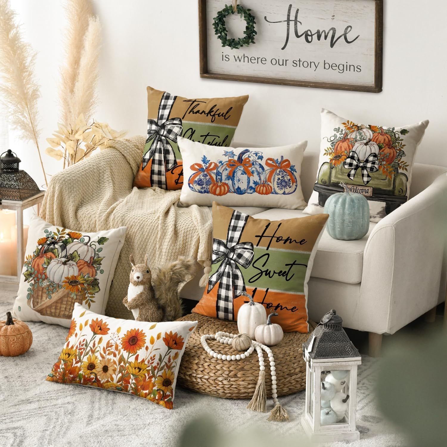 Fall Pumpkin Truck Sunflowers Home Sweet Home Throw Pillow Covers