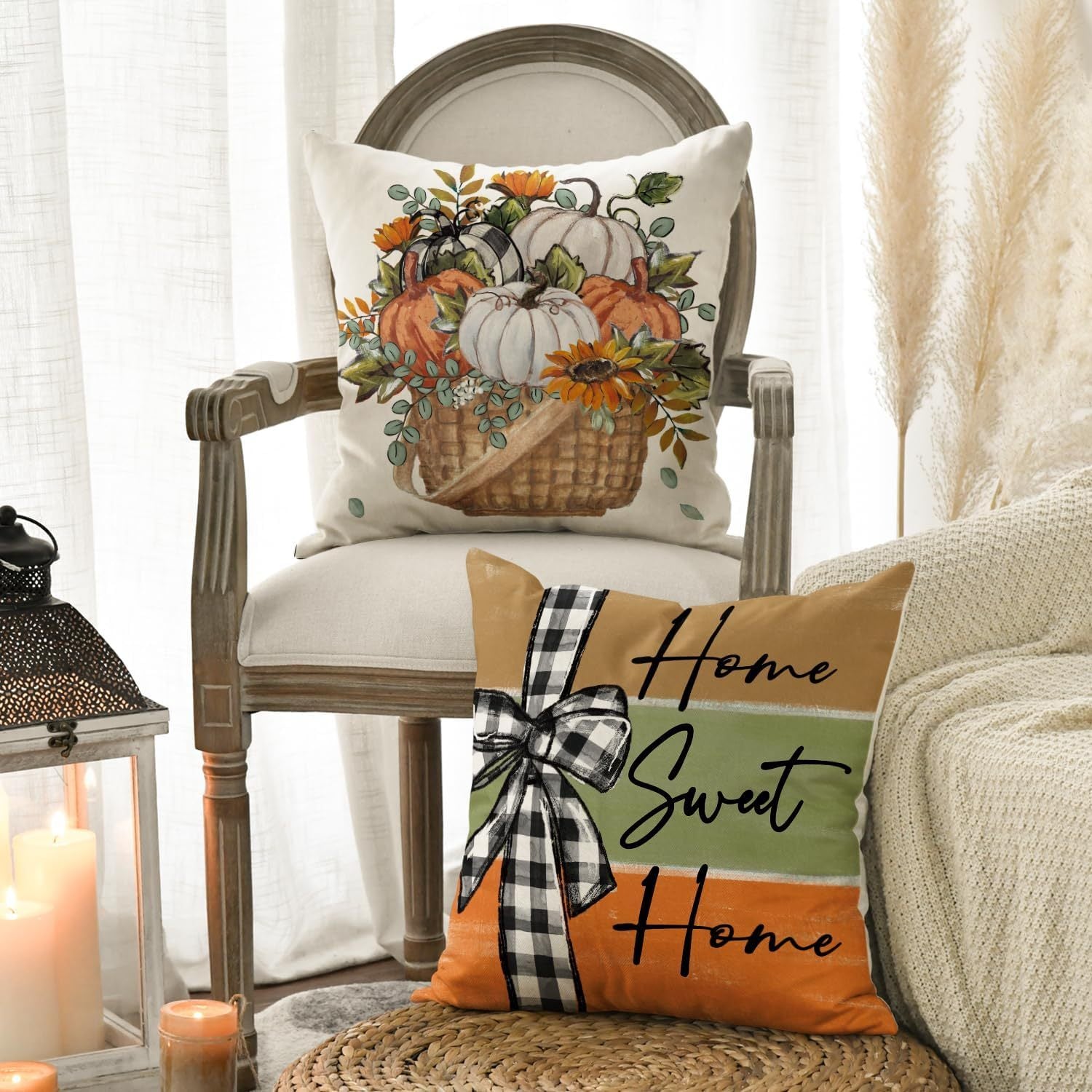 Fall Pumpkin Truck Sunflowers Home Sweet Home Throw Pillow Covers